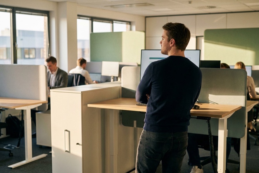 A man standing at a standing desk watching his screen, arms folded