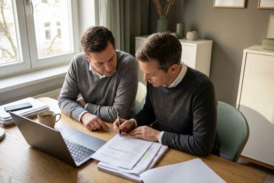 Two colleagues going through a marked-up printed document together at a desk