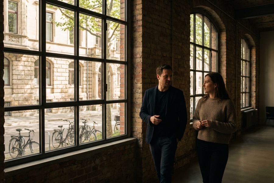 Two colleagues talking while walking past the windows of a converted brick building