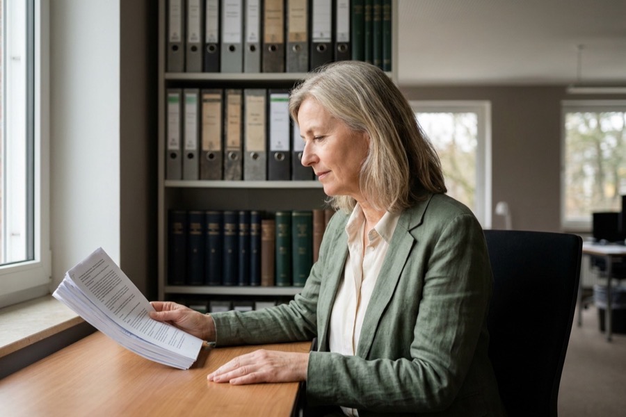 A woman reading a printed document beside a shelf of ring binders and legal volumes