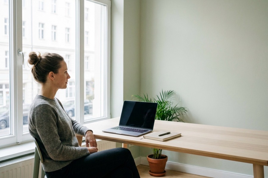 A woman working at an almost empty desk beside a tall window