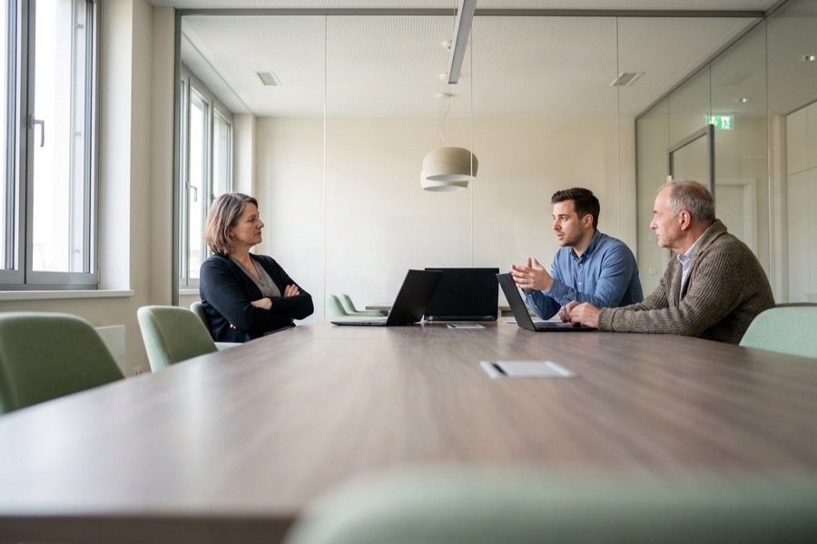 Three colleagues in a glass-walled meeting room talking with laptops open