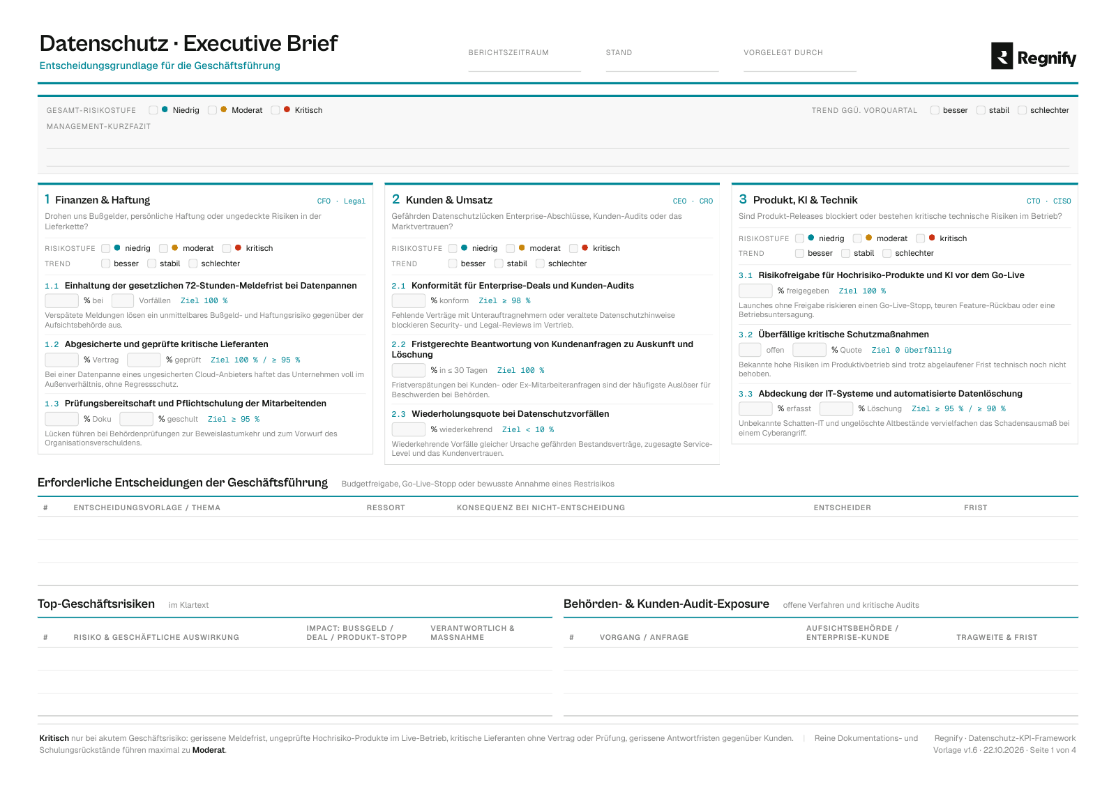 Erste Seite der Regnify-Vorlage: Datenschutz-Executive-Brief zu Finanzen, Kunden und Technik mit Platz für Entscheidungen und Geschäftsrisiken.